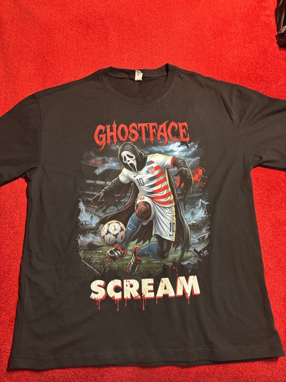 Ghostface 'Scream' In A USA Soccer Uniform Men’s Black Graphic T-Shirt XL. New